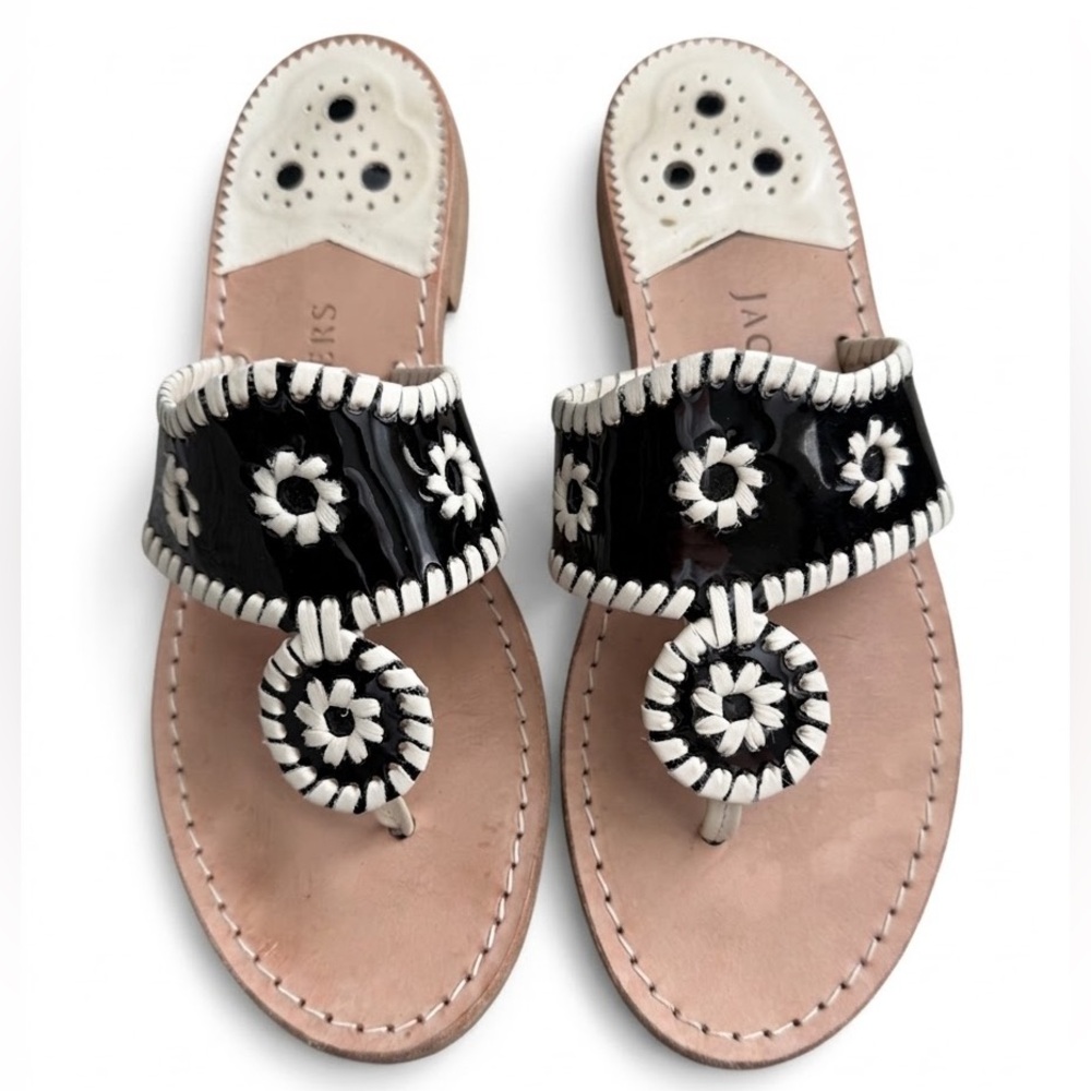 Jack Rogers Black Patent Leather White Whipstitch Jacks Flat Sandal Size 8.5